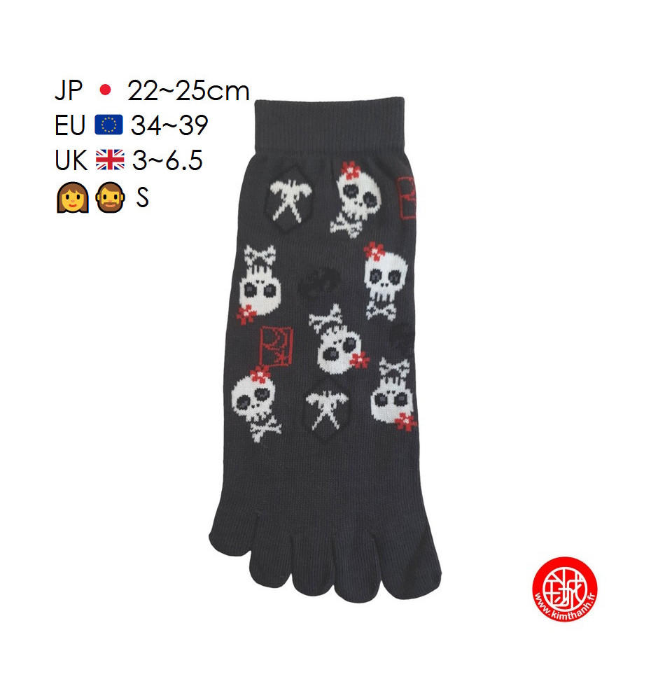 Socquettes à 5 doigts japonaises S CRâNES KAWAii gris foncé (extensible t34 à t39) h22cm