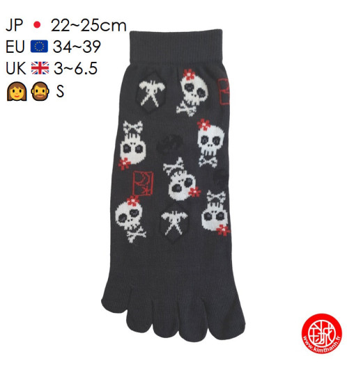Socquettes à 5 doigts japonaises S CRâNES KAWAii gris foncé (extensible t34 à t39) h22cm