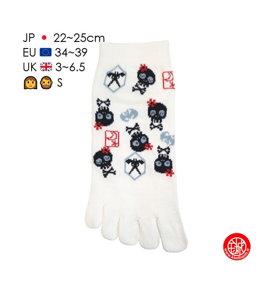 Socquettes à 5 doigts japonaises S CRâNES KAWAii blanches (extensible t34 à t39) h22cm