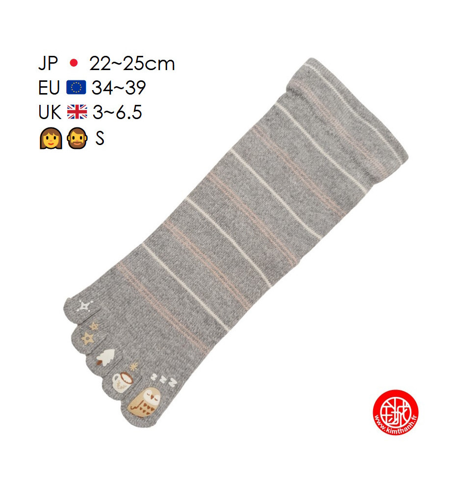 Chaussettes à 5 doigts japonaises (S) ChOUETTE ENdORMiE Grises (extensible t34 à 39)