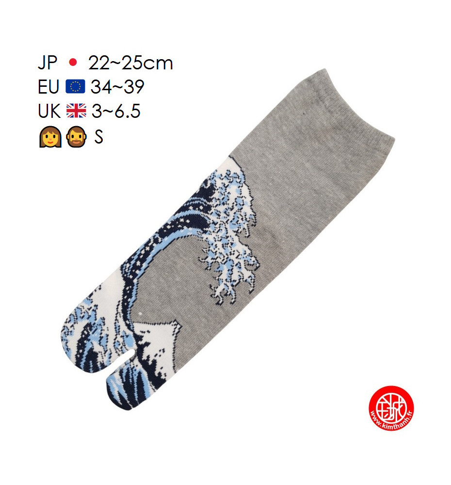 Tabi Socks (S) Chaussettes à orteil japonaises La GRANdE VAGUE de KANAGAWA par HoKUSAi Grises (extensible t34 à t39)