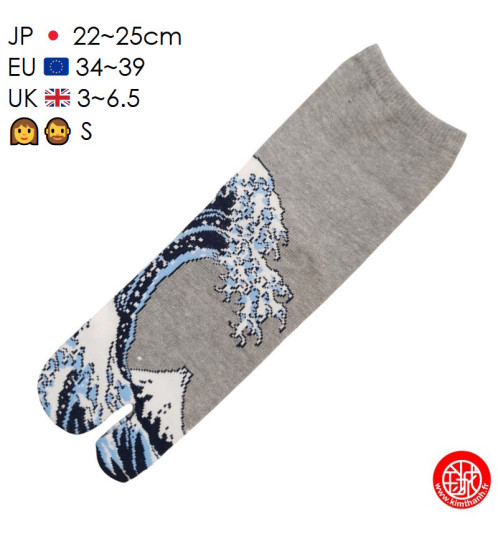 Tabi Socks (S) Chaussettes à orteil japonaises La GRANdE VAGUE de KANAGAWA par HoKUSAi Grises (extensible t34 à t39)