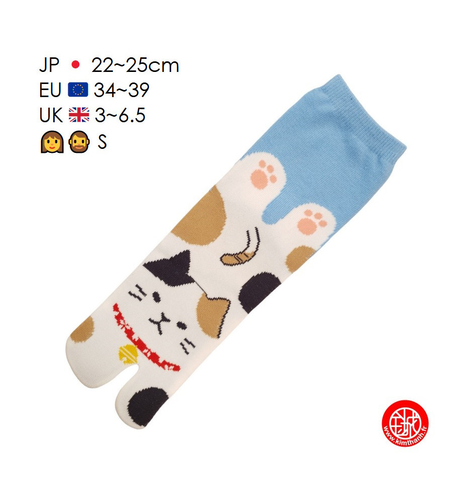Tabi Socks (S) Chaussettes à orteil japonaises MANEKi NEKO CALiCO Bleues (extensible t34 à t39)