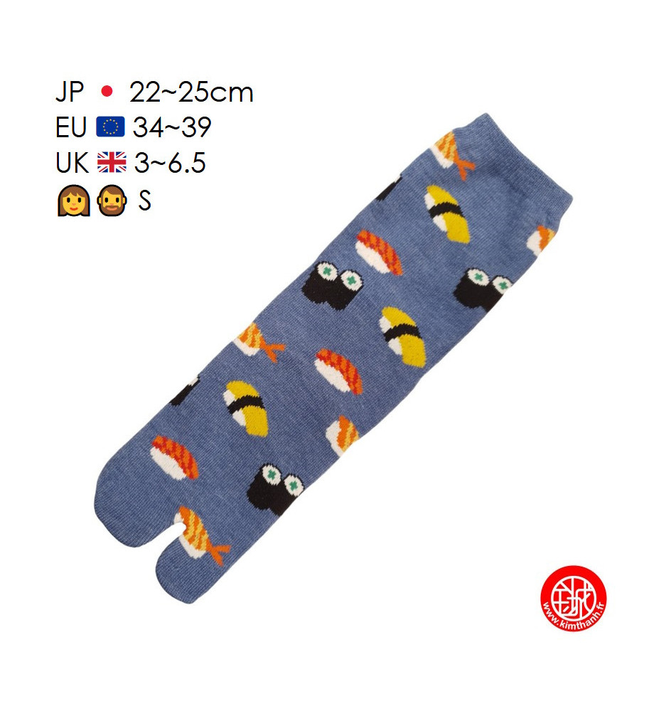 Tabi Socks (S) Chaussettes à orteil japonaises SUShiS et MAKiS Bleues (Taille extensible de 34 à 39)