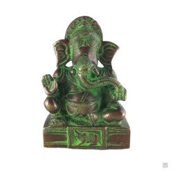 Ganesh assis sur socle en laiton couleur bronze et vert de gris (h11.5cm)