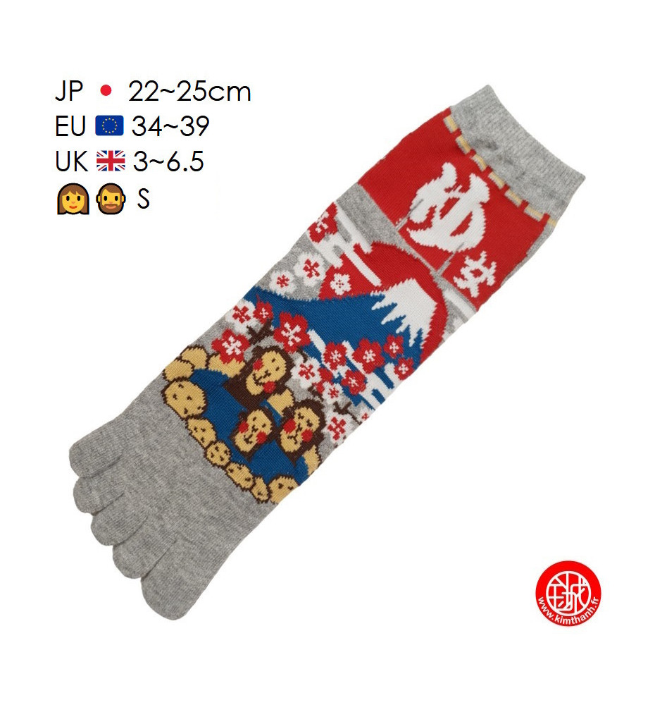 Chaussettes à 5 doigts japonaises (M) SiNGES en ONSEN au MONT FUJi Grises (extensible t34 à t39)