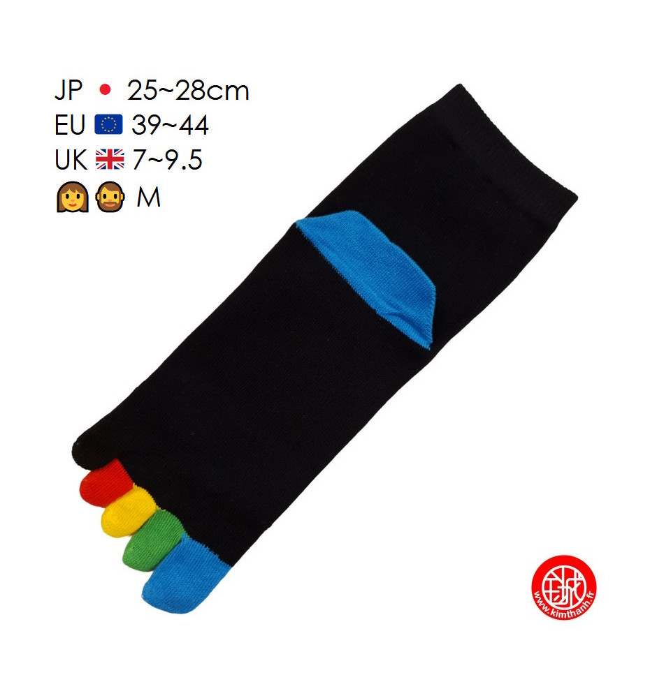 Chaussettes à 5 doigts japonaises (M) ARC en CiEL noires et talons bleus (extensible t39 à 44)