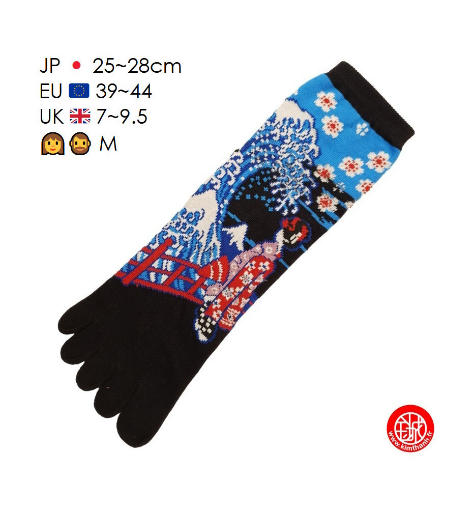 Chaussettes à 5 doigts japonaises (M) GEiShA et GRANdE VAGUE noires (extensible t39 à 44)