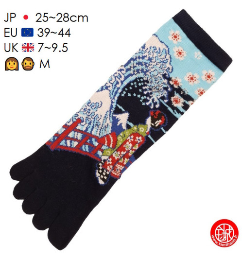 Chaussettes à 5 doigts japonaises (M) GEiShA et GRANdE VAGUE bleu nuit (extensible t40 à 44)