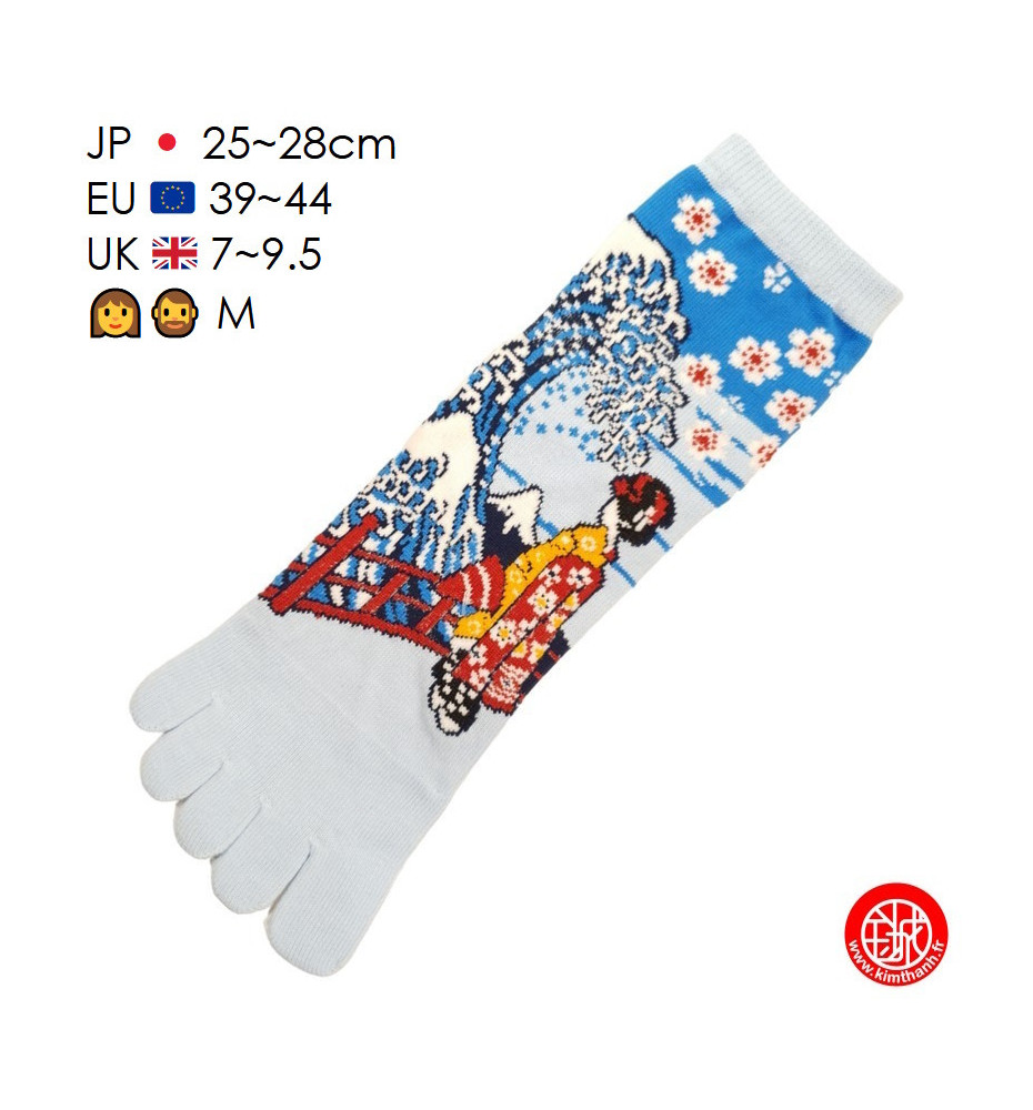 Chaussettes à 5 doigts japonaises (M) GEiShA et GRANdE VAGUE bleu clair (extensible t40 à t44)