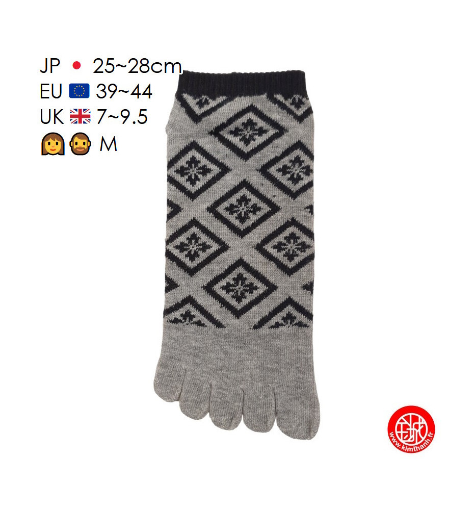 Socquettes à 5 doigts japonaises (M) HiShiMON 菱紋 grises (extensible t39 à 44)