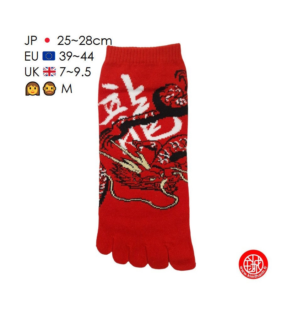 Socquettes à 5 doigts japonaises (M) DRAGON RYU rouges (extensible t39 à t44)