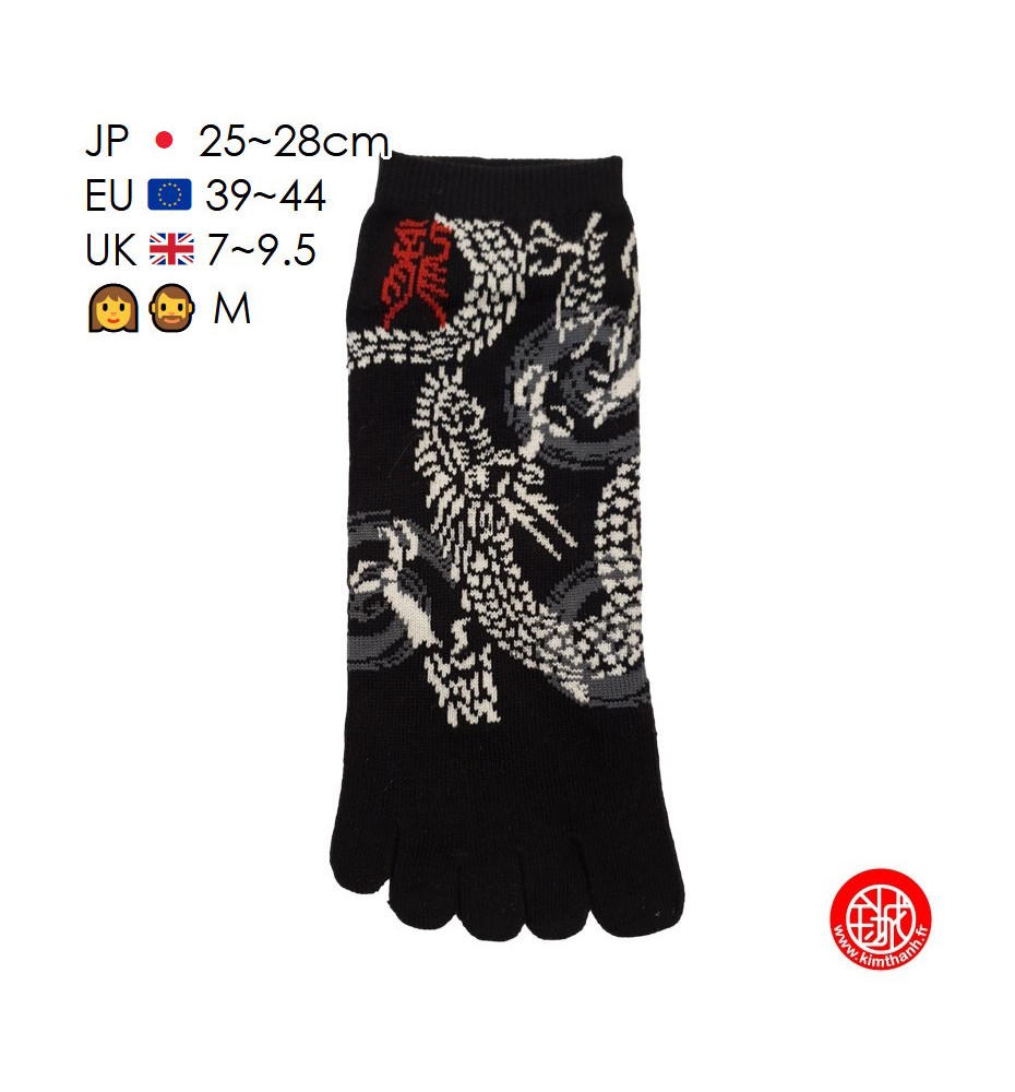 Socquettes à 5 doigts japonaises (M) MOTiF de DRAGON noires (extensible t39 à t44)