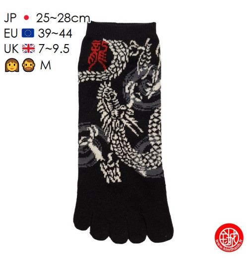 Socquettes à 5 doigts japonaises (M) MOTiF de DRAGON noires (extensible t39 à t44)