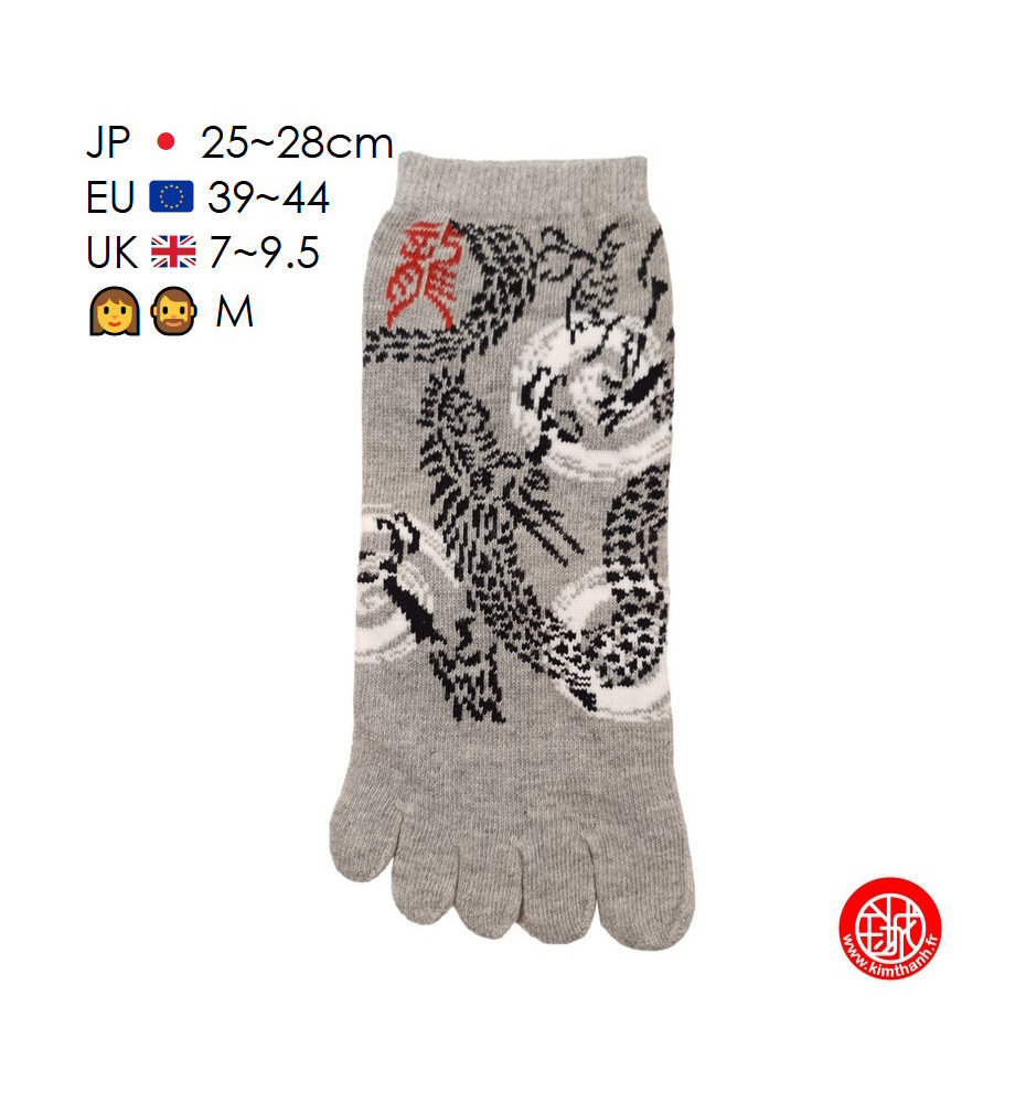 Socquettes à 5 doigts japonaises (M) MOTiF de DRAGON grises (extensible t39 à t44)