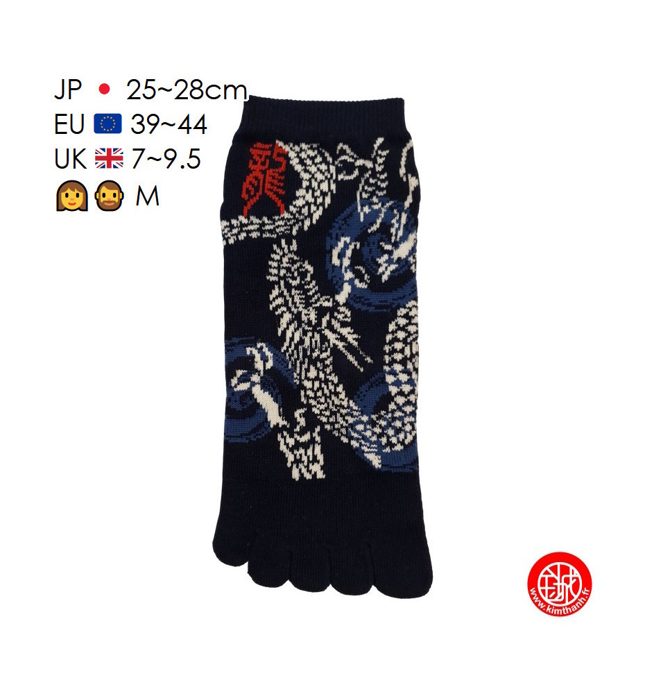 Socquettes à 5 doigts japonaises (M) MOTiF de DRAGON bleu nuit (extensible t39 à t44)