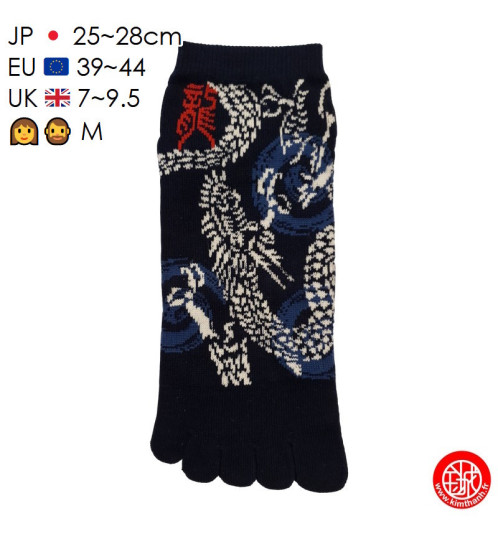 Socquettes à 5 doigts japonaises (M) MOTiF de DRAGON bleu nuit (extensible t39 à t44)