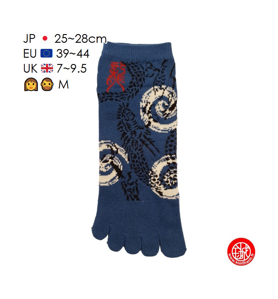 Socquettes à 5 doigts japonaises (M) MOTiF de DRAGON bleues (extensible t39 à t44)