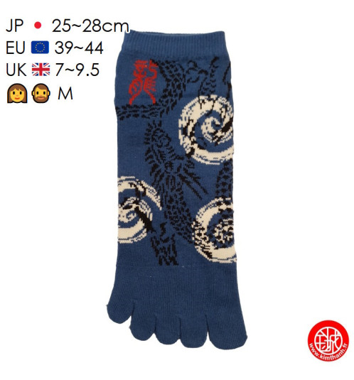 Socquettes à 5 doigts japonaises (M) MOTiF de DRAGON bleues (extensible t39 à t44)