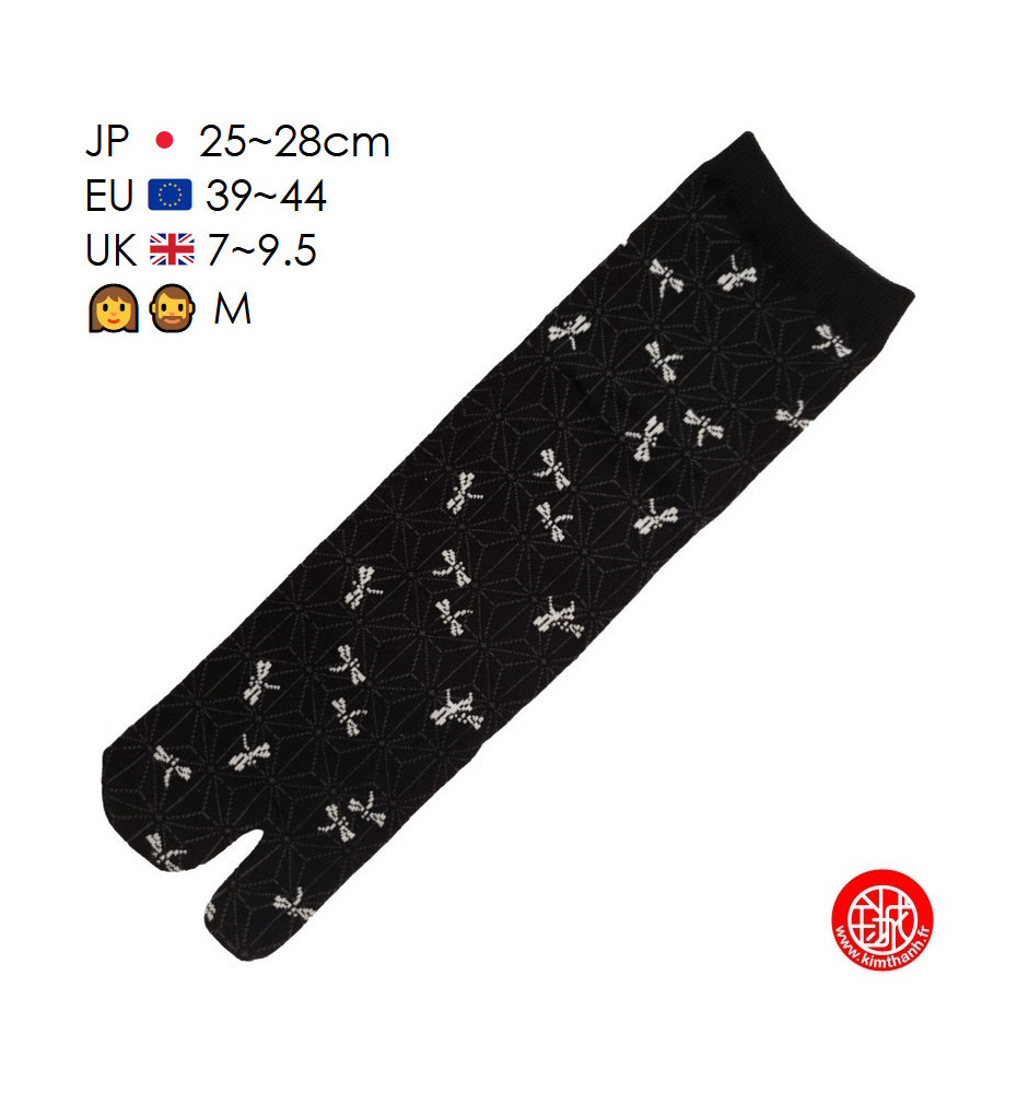 Tabi Socks (M) Chaussettes à orteil japonaises LibELLULES noires (Taille extensible de 39 à 44)