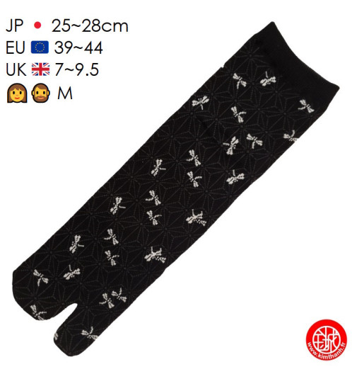 Tabi Socks (M) Chaussettes à orteil japonaises LibELLULES noires (Taille extensible de 39 à 44)