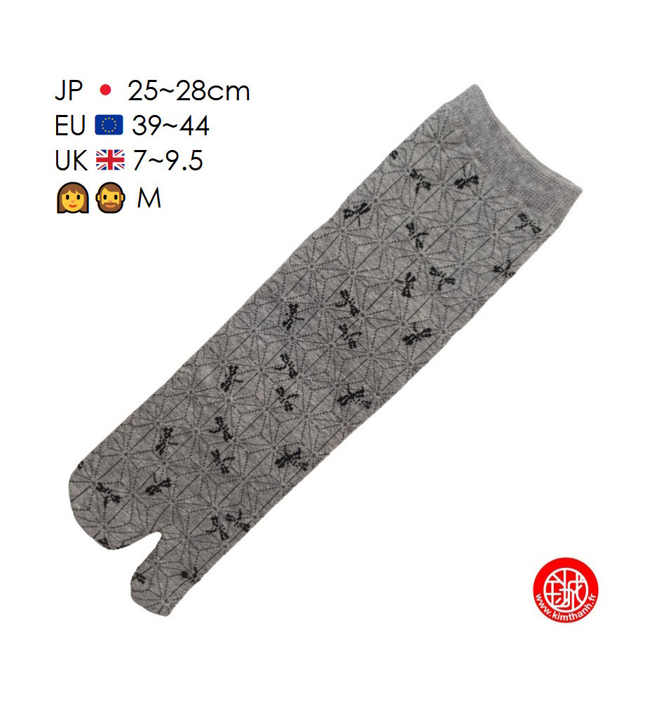 Tabi Socks (M) Chaussettes à orteil japonaises LibELLULES grises (Taille extensible de 39 à 44)