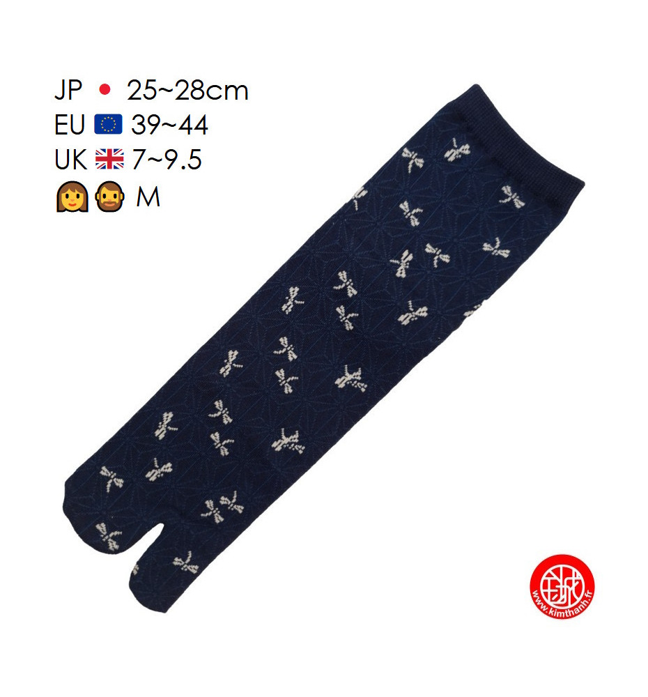 Tabi Socks (M) Chaussettes à orteil japonaises LibELLULES bleu indigo (Taille extensible de 39 à 44)