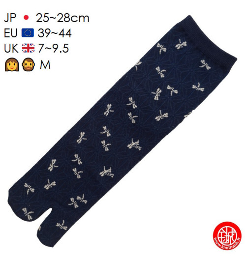 Tabi Socks (M) Chaussettes à orteil japonaises LibELLULES bleu indigo (Taille extensible de 39 à 44)