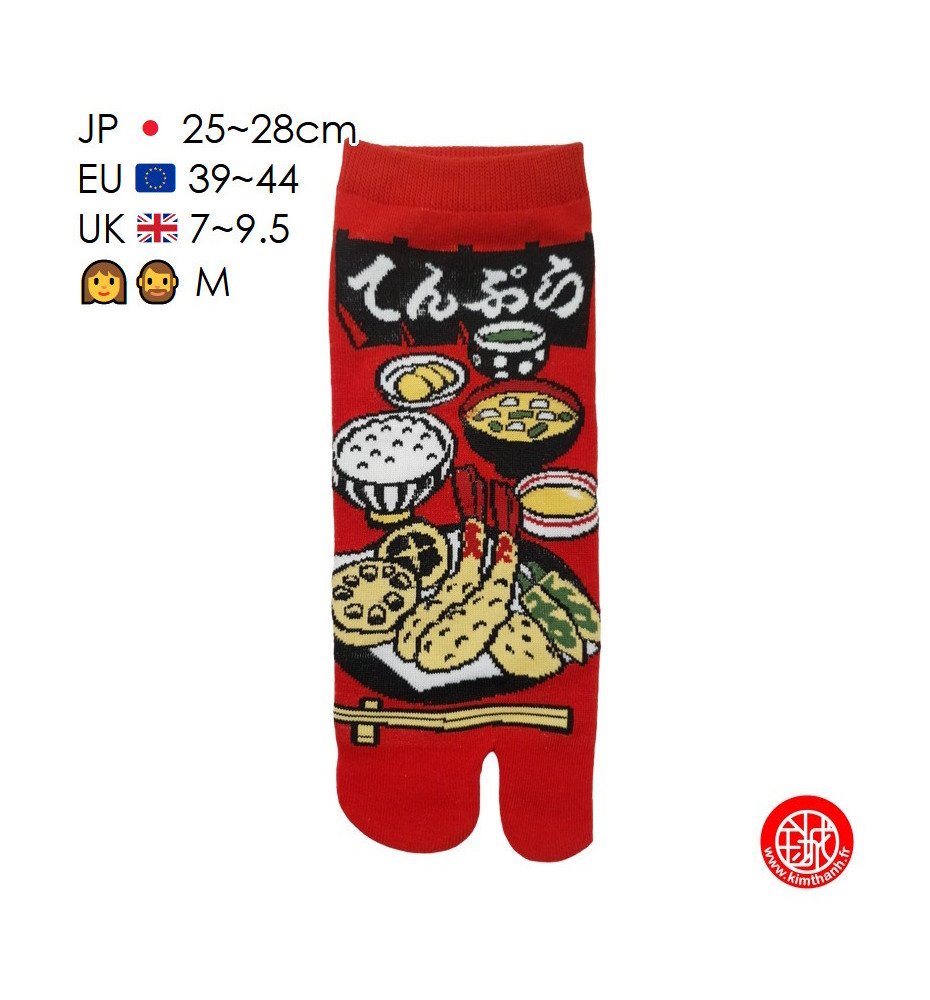 Tabi Socks (M) Socquettes à orteil japonaises MENU TEMPURA rouges (Taille extensible de 39 à 44)