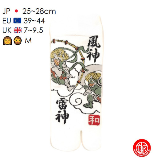 Tabi (M) Socquettes à orteil japonaises RAiJiN et FUJiN, Dieux du Tonnerre et du Vent, blanches (extensible t39 à t44)