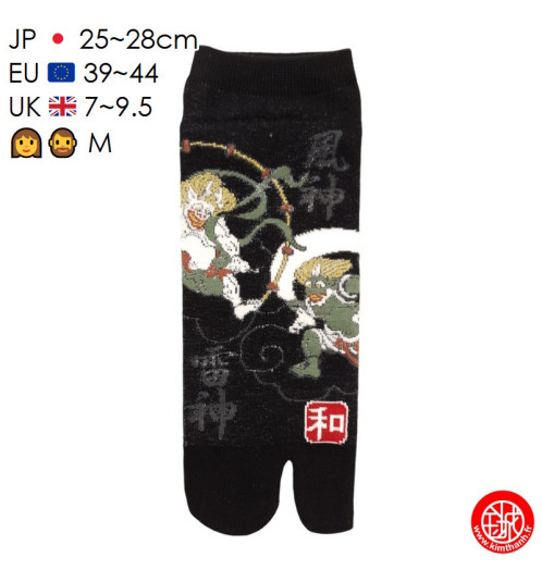 Tabi (M) Socquettes à orteil japonaises RAiJiN et FUJiN, Dieux du Tonnerre et du Vent, bleu nuit (extensible t39 à t44)