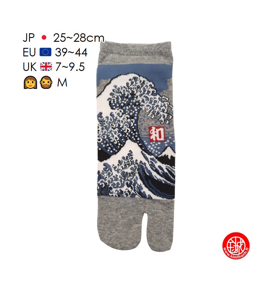 Tabi Socks (M) Socquettes à orteil japonaises GRANdE VAGUE de KANAGAWA grises (extensible t39 à t44)