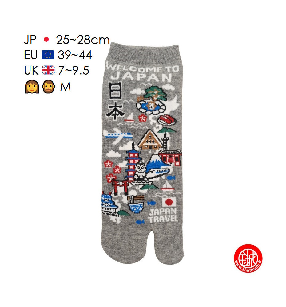 Tabi (M) Socquettes à orteil japonaises CARTE du JAPON gris (Taille extensible de 39 à 44)