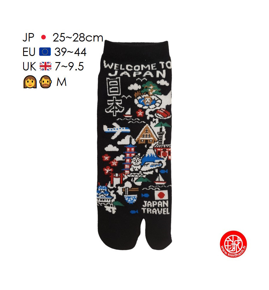 Tabi (M) Socquettes à orteil japonaises CARTE du JAPON noires (Taille extensible de 39 à 44)
