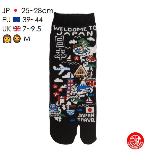 Tabi (M) Socquettes à orteil japonaises CARTE du JAPON noires (Taille extensible de 39 à 44)