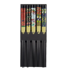 Set 5 Baguettes japonaises assorties en bois laqué noir FLOWERS 21cm