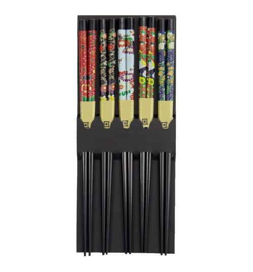 Set 5 Baguettes japonaises assorties en bois laqué noir FLOWERS 21cm