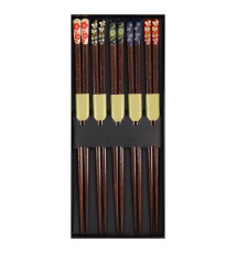 Set 5 Baguettes japonaises assorties en bois Biseau FLORAL 21cm