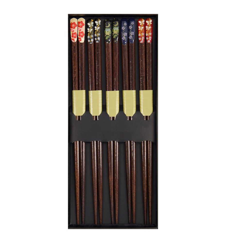 Set 5 Baguettes japonaises assorties en bois Biseau FLORAL 21cm