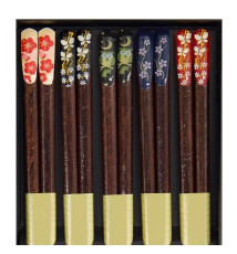 Set 5 Baguettes japonaises assorties en bois Biseau FLORAL 21cm