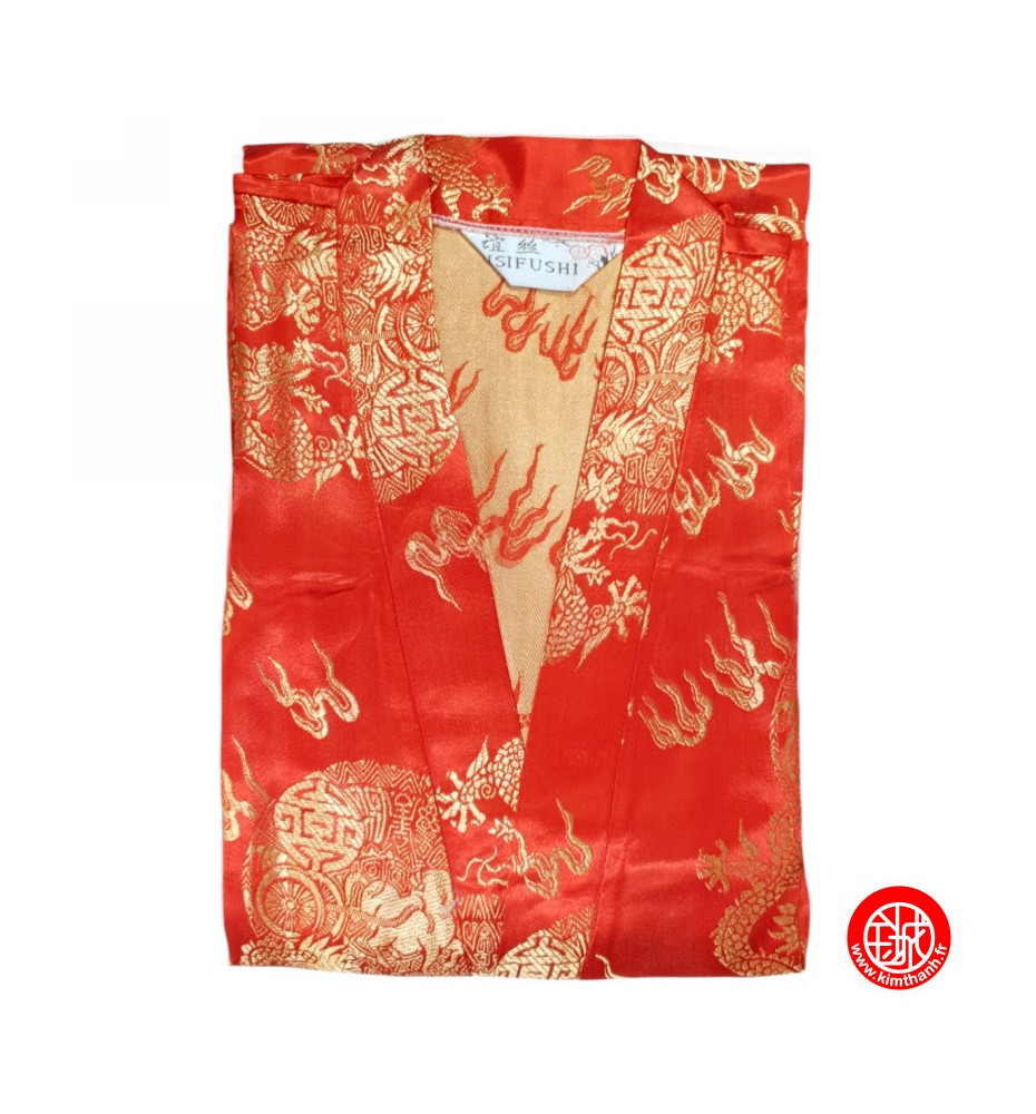 Kimono d'intérieur long 2 poches en brocard ROUGE motifs DRAGONS DORé 120cm 60% rayonne 40% polyester