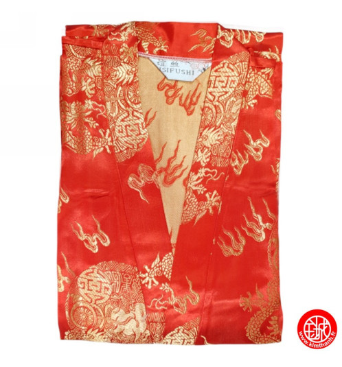 Kimono d'intérieur long 2 poches en brocard ROUGE motifs DRAGONS DORé 120cm 60% rayonne 40% polyester