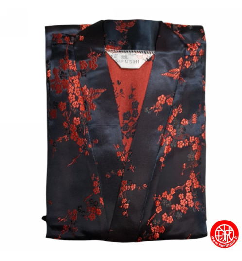 Kimono d'intérieur long 2 poches en brocard NOiR motifs PRUNiER ROUGE 120cm 60% rayonne 40% polyester (Taille Unique)