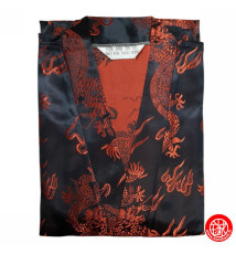 Kimono d'intérieur long 2 poches en brocard NOiR motifs DRAGONS ROUGE 120cm 60% rayonne 40% polyester