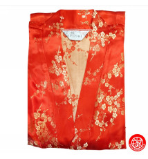Kimono d'intérieur long 2 poches en brocard ROUGE motifs PRUNiER DORé 120cm 60% rayonne 40% polyester  (Taille Unique)