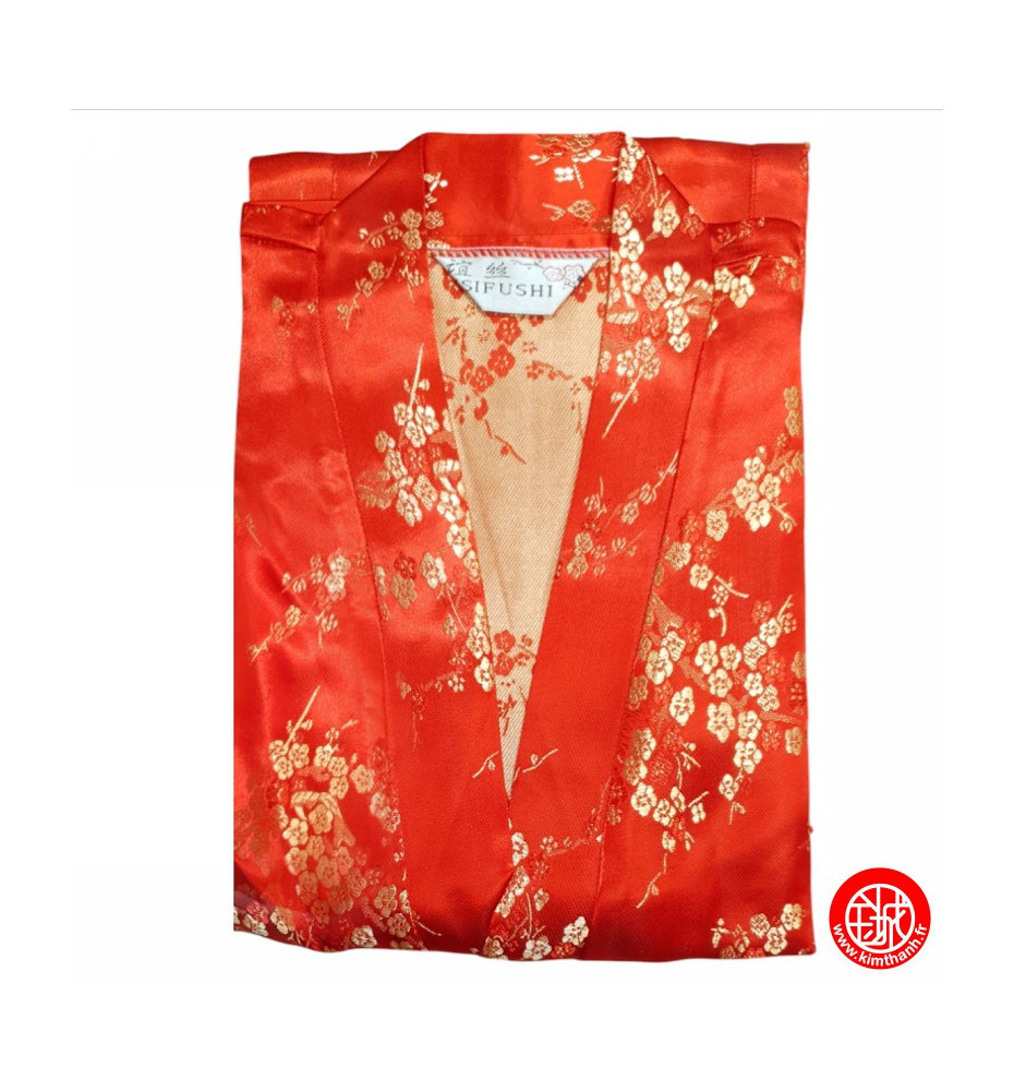 Kimono d'intérieur long 2 poches en brocard ROUGE motifs PRUNiER DORé 120cm 60% rayonne 40% polyester  (Taille Unique)
