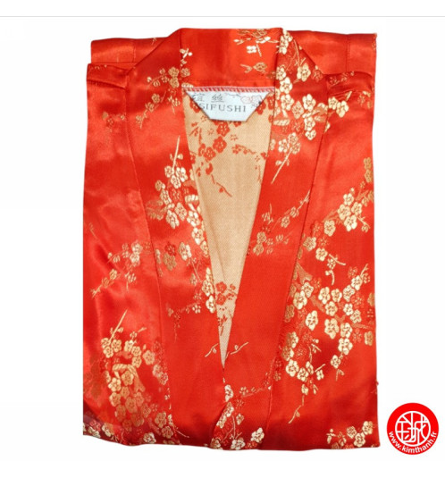 Kimono d'intérieur long 2 poches en brocard ROUGE motifs PRUNiER DORé 120cm 60% rayonne 40% polyester  (Taille Unique)