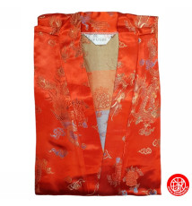 Kimono d'intérieur long 2 poches en brocard ROUGE motifs DRAGON et PhOENiX 120cm 60% rayonne 40% polyester
