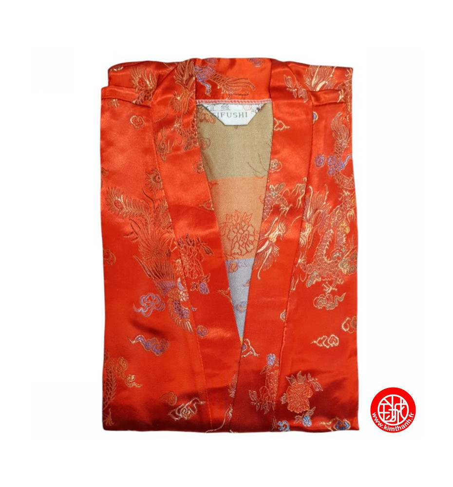 Kimono d'intérieur long 2 poches en brocard ROUGE motifs DRAGON et PhOENiX 120cm 60% rayonne 40% polyester