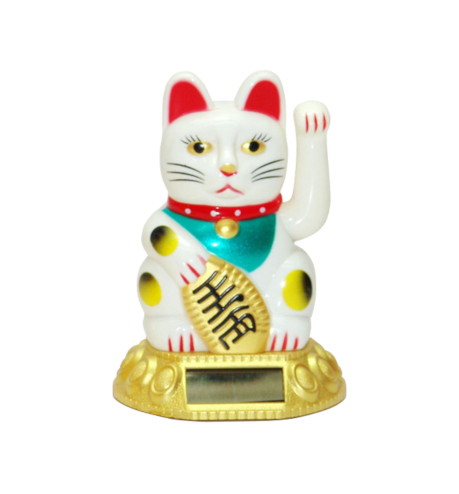 Maneki Neko animé 100% solaire sur socle de lingots BLANC h10cm (Bonheur)